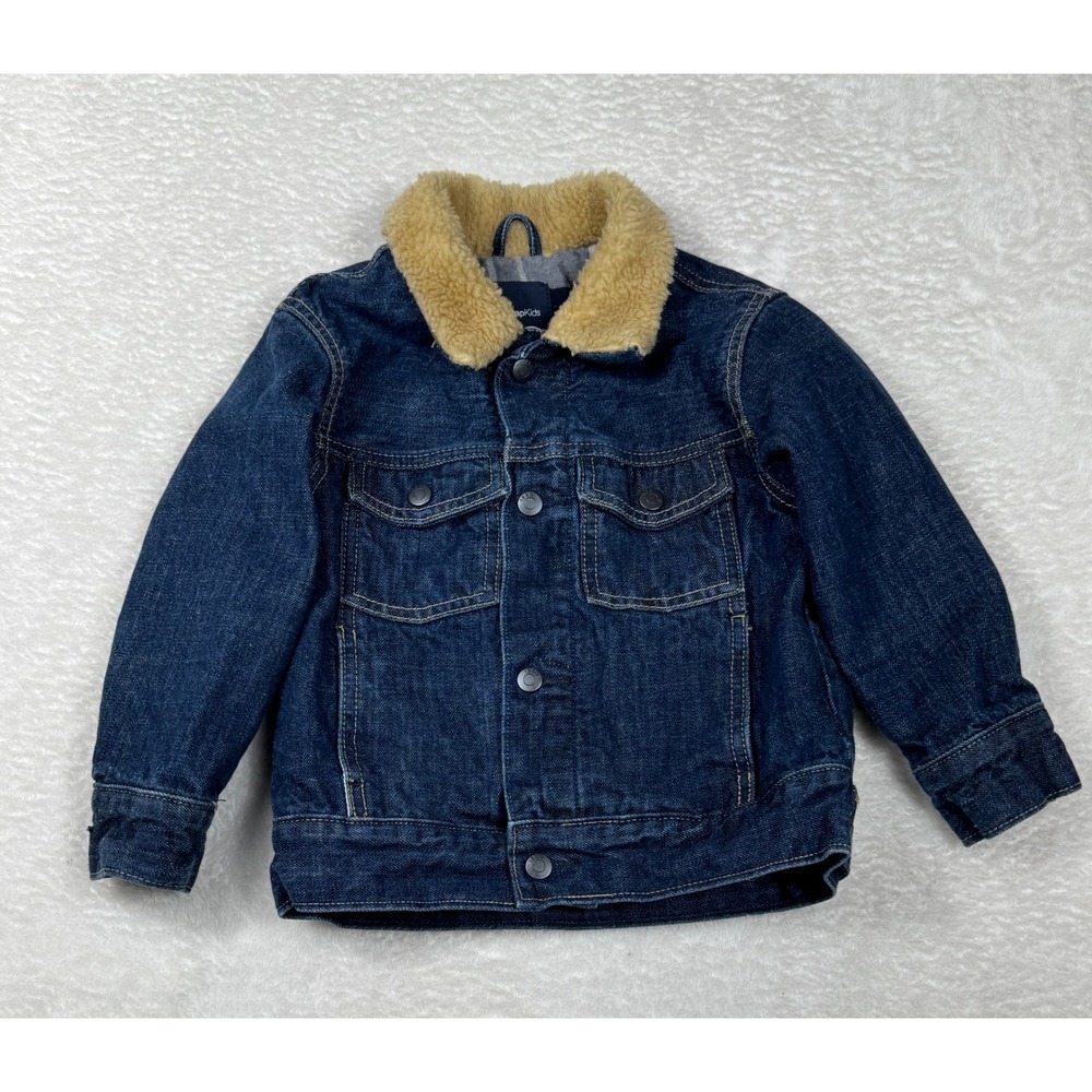 Gap Kids XS Denim Trucker Jacket Faux Sherpa Collar Lined Dark Wash Outdoor‎